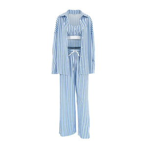 Uzun Kollu Mavi Çizgili Pijama Takımı Gömlek Sütyen Pantolon ODM Yumuşak %<span class=keywords><strong>100</strong></span> Polyester Toptan Konforlu Ev Giyim Takımları Günlük Pijamalar - Product Image 6