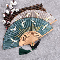 Fatingna Antique 6 pouces femmes bambou pliant Hanfu ventilateur été Portable grue Xiangyun motif peint à la main en vert foncé