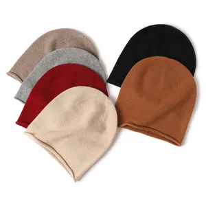 Gorros de cachemir personalizados para mujer, gorros de lana enrollados de color liso, de lujo, a la moda, bonitos y cálidos, para invierno