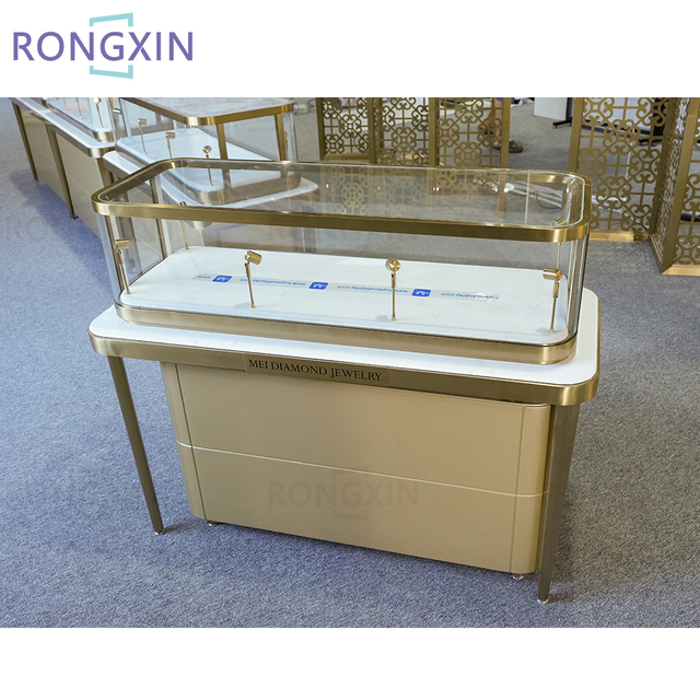 Customized Lockable Gold Metal Jewelry Display Showcase Kiosk LED Light Jewelry Display Case Jewelry Display for Retail Shop