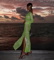 D22 robe Sexy en maille de cristaux de strass, vêtements de soirée à manches longues pour boîte de nuit