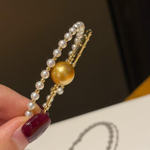 Double Layer Pearl Cuff Bangle With 10-11mm Rich Tea Golden Pearl & 3.5-4mm Aurora Baby Pearl, 925 Silver Elegant Luxury Jewelry - Product Image 1