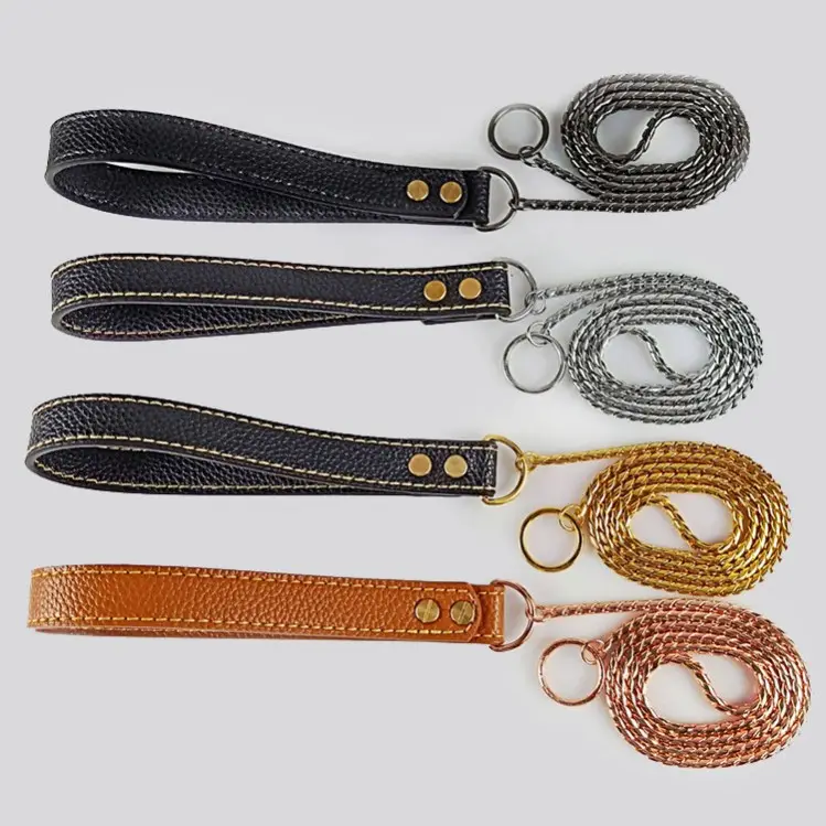 4 Kleuren Koperen Hond Snake Kraag Huisdier Slip Loden Riem Ketting Met Lederen Handvat Voor Hondentraining