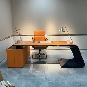 Meja kantor desain Italia modern kulit oranye dengan veneer kayu biru meja kantor meja kantor modern