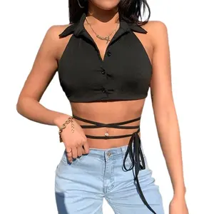 Woman turn-down collar v neck sleeveless lace up women's tank tops lace with buttons backless halter neck trendy crop top