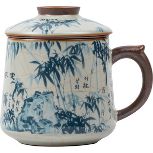 Guanlan Ru Kiln Ceramic <b>Mug</b> With Lid <b>Large</b> Capacity Tea Water Separator Oriental Design Office Use - Product Image 5
