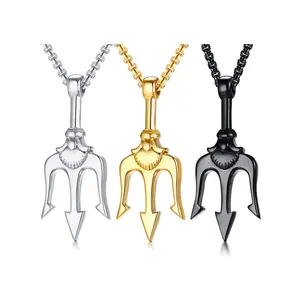 New Stainless Steel Silver Gold Black Trident Square Pearl Chain Necklace Pendant