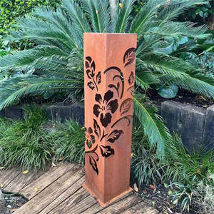 Borne lumineuse LED extérieure en acier Corten découpée au laser sur mesure, motif floral et oiseaux, carrée et creuse, pour aménagement paysager - Product Image 1
