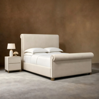 Lit plateforme moderne en cuir italien minimaliste, luxueux, écologique, rembourré et doux, à profil bas avec pied de lit allongé