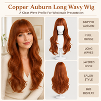Perruque longue ondulée couleur Auburn Cuivré avec frange complète, pour salons de coiffure, distributeurs OEM, fournisseurs et partenaires