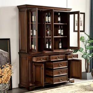 Hot Sale Buffet Table For Kitchen Antique Wooden Storage Cabinets With Glass Doors Hotel Dinning Sideboard Cabinet Walnut Color