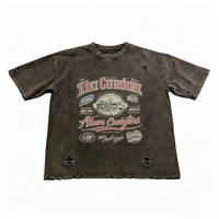 Custom Kornit DTG T-shirt Vintage Gewassen Donkergrijs Letter Grafische Tee Verweerde Gat OEM Fabriek