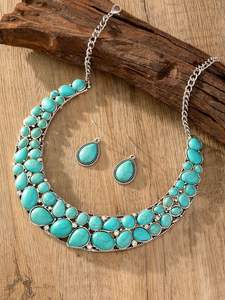 Ensemble collier et boucles d'oreilles en acier inoxydable et pierre turquoise, style bohème occidental ethnique vintage indien, nouvelle collection 2025, vente en gros - Product Image 2