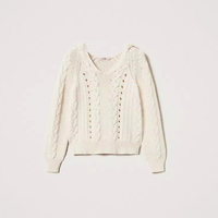 Pull style décontracté femme 100% coton printemps automne manches longues pull câble tricot pull à capuche