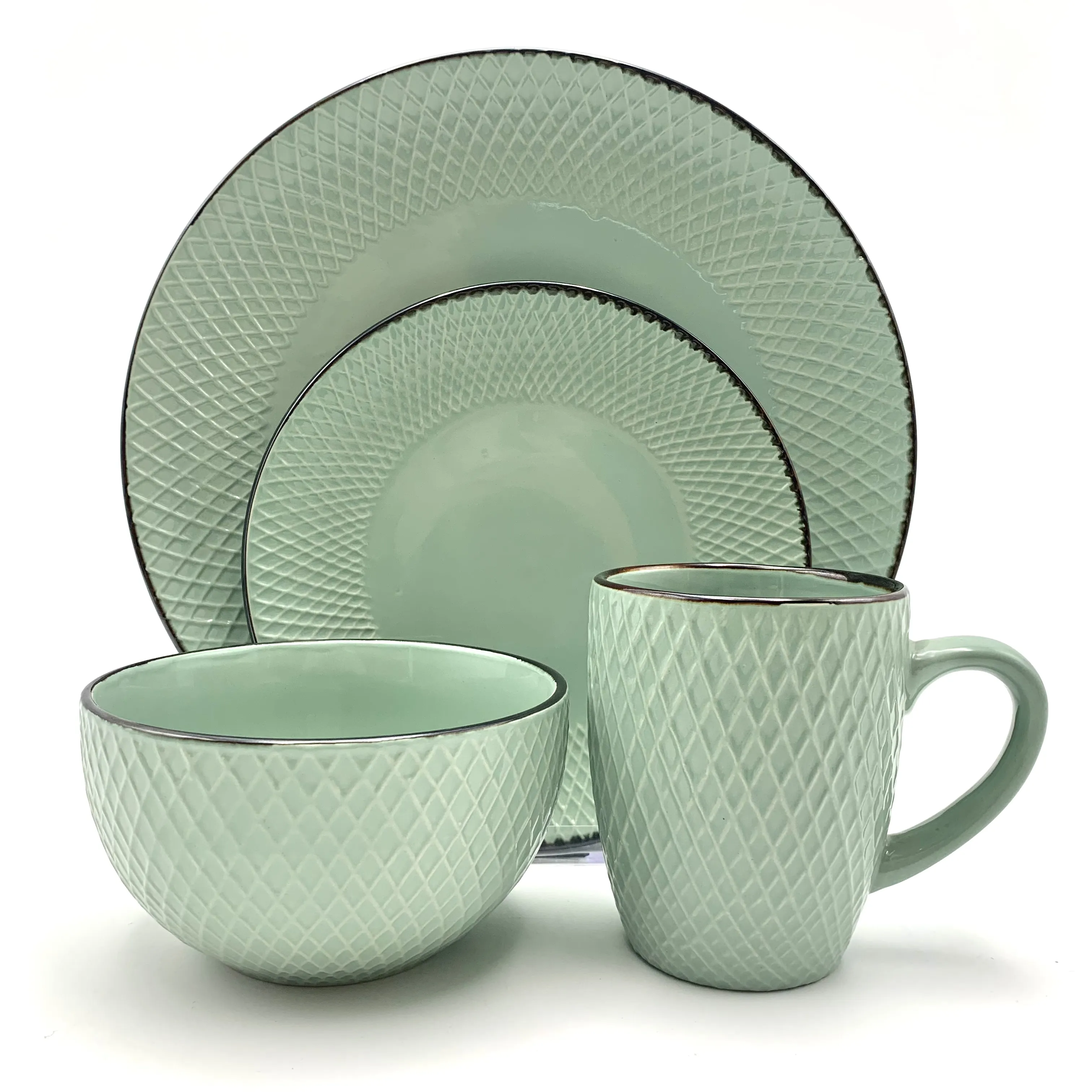 Set peralatan makan keramik harian desain relief hijau muda elegan gaya Skandinavia