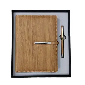 Produttori all'ingrosso di scatole regalo con venature del legno Notebook + penna 2 in 1 Set LOGO personalizzato