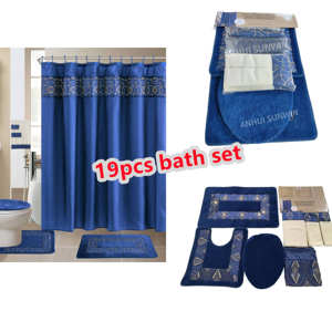 Koleksi mewah 18/19 buah SET keset kamar mandi bordir 1 tirai mandi tahan air 3 karpet 12 kait 3 buah handuk - Product Image 5