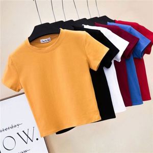 I-0647 Summer Women's Sweet Short Sleeve <b>Crop</b> <b>Top</b> Sexy Thin Breathable High Quality Plain T-shirt - Product Image 3