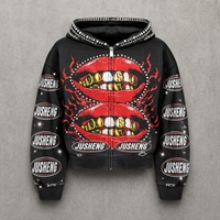 Streetwear personnalisé en molleton bouclette pour l'automne, impression DTF intégrale, embellissement par strass thermocollés, coupe déchirée et effilochée