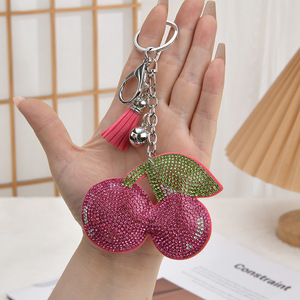 Cute Crystal Rhinestone Cherry Keychain Red Fruit Bag <b>Charm</b> with Tassel Bell Keyring for Women - Product Image 6