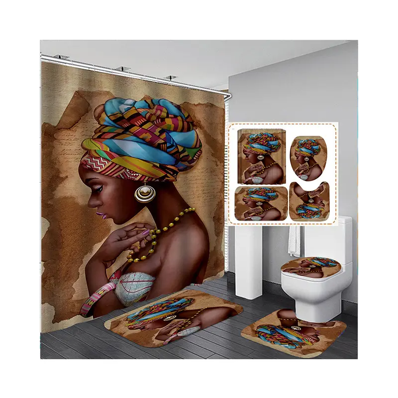 Cross Border African Woman Series Shower Curtain 4 Piece Bathroom Set Privacy Curtain Toilet Partition Curtain Toilet Mat Footpa