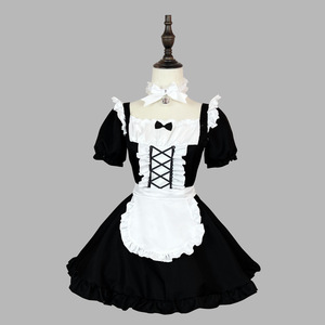 Maid Costume Dress Black Polyester Women Adult Anime Cosplay Outfit Solid Color Short Sleeve With Apron - Product Image 1