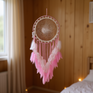 Atrapasueños Angelina de 40x120 cm con Plumas Rosas, Decoración Bohemia para Colgar en la Pared - Product Image 2