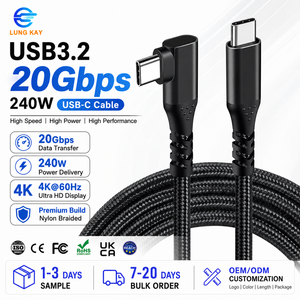 LUNG KAY 1M 2M 90 Degree Right Angle Type-<b>C</b> 20Gbps <b>USB</b> 3.2 4K Video 5A Fast Charging Nylon PVC Braided VR Camera Cable Computer - Product Image 1