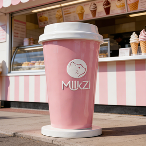 Sculpture géante écologique rose en forme de gobelet pour entrée de salon de thé, statue de présentation de boissons en fibre de verre brillante pour café et restauration - Product Image 1