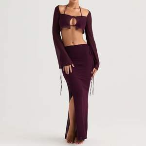 Source Factory ODM Elegant Prune Cutout <b>Maxi</b> <b>Tulle</b> <b>Skirt</b> Dropped Waist Ladies Party Summer Purple Sexy Two Piece <b>Skirt</b> Set - Product Image 1