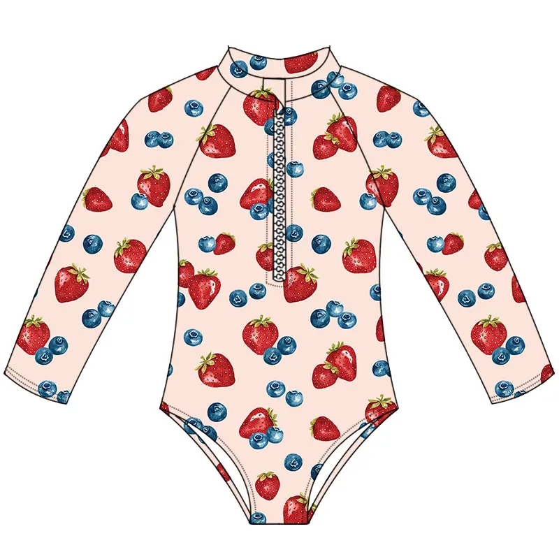 2024 nouvel été en gros enfants maillots de bain impression personnalisée à manches longues fermeture éclair conception fille maillots de bain bikini