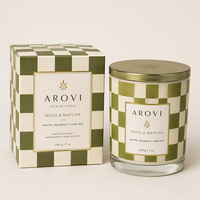 Bougie en verre parfumée au matcha Arovi-Trendy Green Checkered Soy Candle 200g avec couvercle en métal et boîte cadeau personnalisée