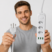 Multiprise Brésilienne 4 Voies Personnalisable avec Logo, 3 Ports USB à Charge Rapide, Coque Ignifuge, Rallonge Durable