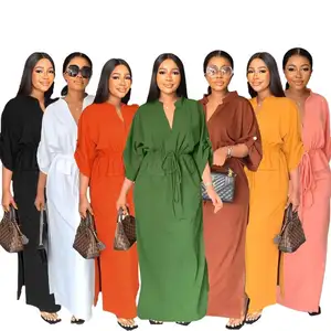 W 새로운 디자인 플러스 사이즈 아프리카 숙녀 캐주얼 카고 드레스 레이싱 허리 사이드 슬릿 여름 야외 휴가 드레스를 강화