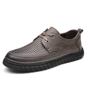 Chaussures bateau en cuir respirantes pour hommes, bout rond, lacets, semelle extérieure en caoutchouc, semelle intermédiaire en EVA, couleur unie - Product Image 1