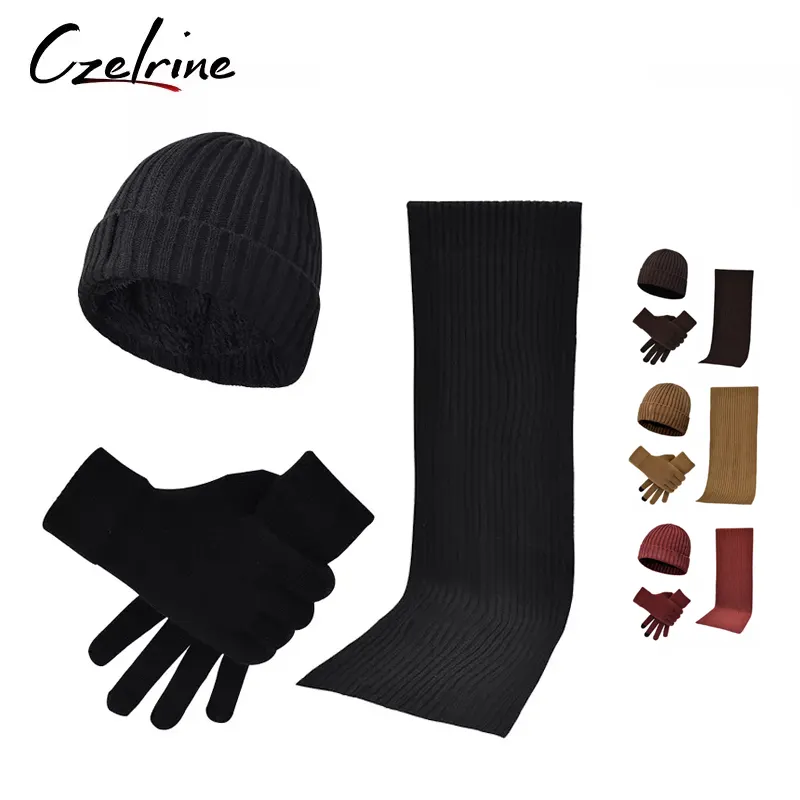 Czelrine custom logo designer regolabile foderato in raso berretto invernale cappelli sciarpa guanti set con foro per uomo essantial