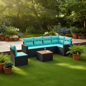 Juego de sofás de patio de ratán sintético negro de 7 piezas con cojines, muebles de jardín, asientos para exteriores, diseño contemporáneo - Product Image 2