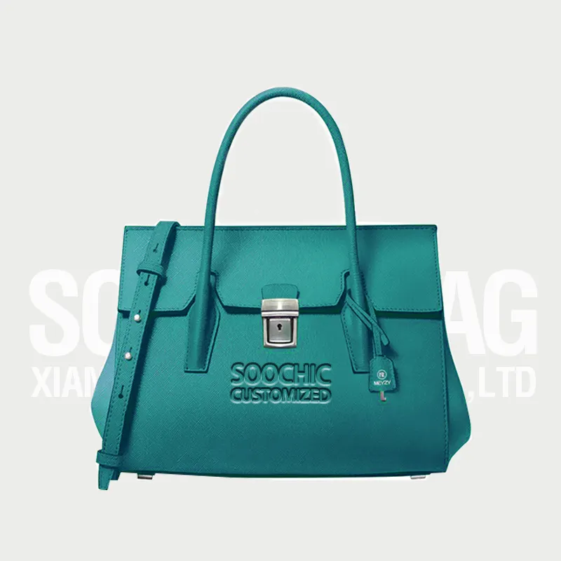 Soochic Dress Unisex Green Faux Leather Flat Bag Casual Medium Size Metal Bucket Bag Slim Stitching Adjustable Strap Tote Bag