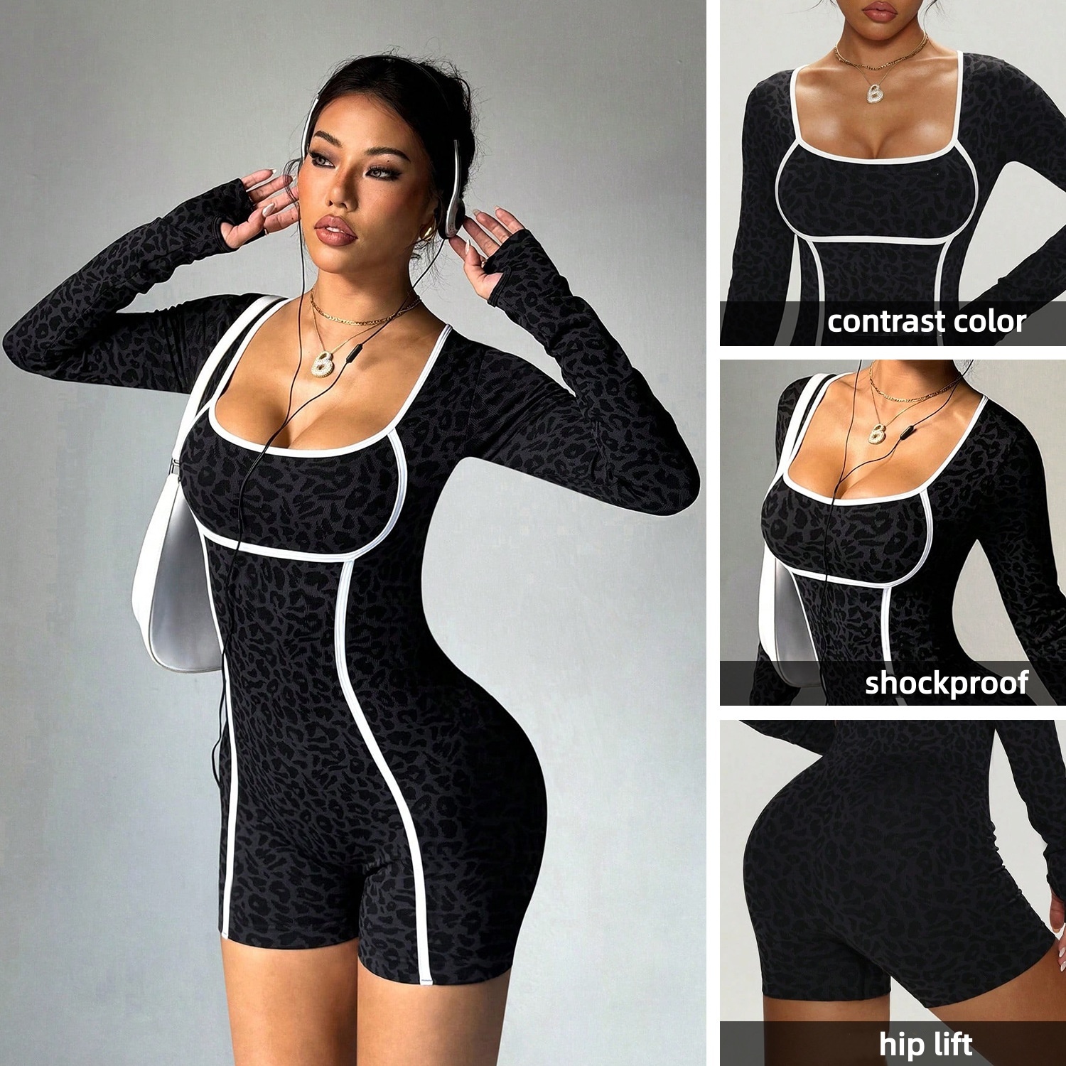 Ladies Contrast Color Shockproof Long Sleeves Leopard Gym Fitness Short Jumpsuit Seamless High Elastic Pilates Yoga Bodysuit