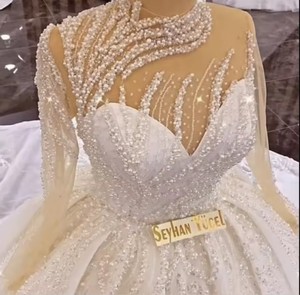 Venta al por menor 2025 nigeriano con cuentas de encaje vestido de novia de manga larga vestido de baile con tren de la Catedral para Aso Ebi <span class=keywords><strong>fiesta</strong></span> vestido de novia - Product Image 2