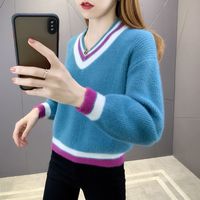 Pull en laine et cachemire épais de style vintage pour femme, col en V, tricoté, brodé, décontracté, manches longues, coupe classique