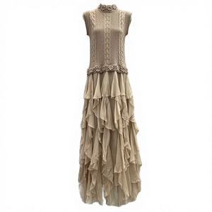 Vestido Maxi de Lujo de Alta Calidad con Cintura Imperio, de Lana Tejida y Seda con Retazos, Volantes en Cascada y Estampado Floral, Estilo Vintage para Mujer - Nueva Colección Primavera - Product Image 2