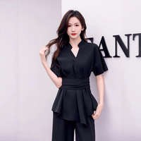 Tenue de travail haut de gamme pour styliste de salon de beauté, ensemble deux pièces noir style coréen, anti-rides, en velours polyester élasthanne, élégant avec dentelle