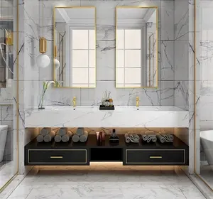 Grosir panel kayu modern tunggal ganda gaya 2024 set kabinet Vanity kamar mandi mengambang dengan wastafel cermin