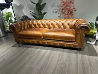 Canapé d'angle vintage en cuir véritable capitonné pour salon, style américain, idéal pour appartement