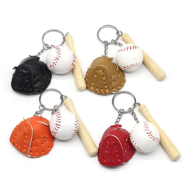 En gros En Stock Pas Cher Sport Souvenir Cadeau Personnalisé Batte de Baseball En Bois Porte-clés avec Gant En Cuir