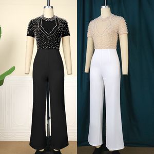 Am221118 Combinaison perlée à manches courtes et col rond Elégant Ladies High Waist Slim Party Wide Leg Pants Romper Playsuit - Product Image 2