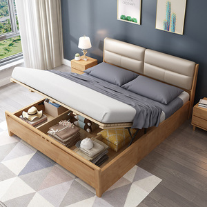 Hengke Furniture Solid Wood Bed 1.5m 1.8m Modern Minimalist <b>Storage</b> Pneumatic Headboard Bedroom Furniture - Product Image 3