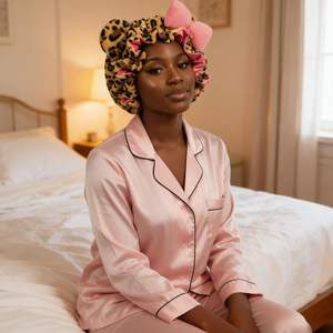 SOLPOP <span class=keywords><strong>Bonnet</strong></span> <span class=keywords><strong>de</strong></span> <span class=keywords><strong>nuit</strong></span> <span class=keywords><strong>en</strong></span> peluche doublé satin pour femmes aux cheveux bouclés naturels, avec oreilles <span class=keywords><strong>de</strong></span> chat mignonnes, motif léopard <span class=keywords><strong>de</strong></span> luxe - Product Image 3