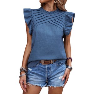Women's Ruffled Sleeve Pleated <b>Top</b> Pullover Short-sleeved Shirt Fashion - Product Image 1